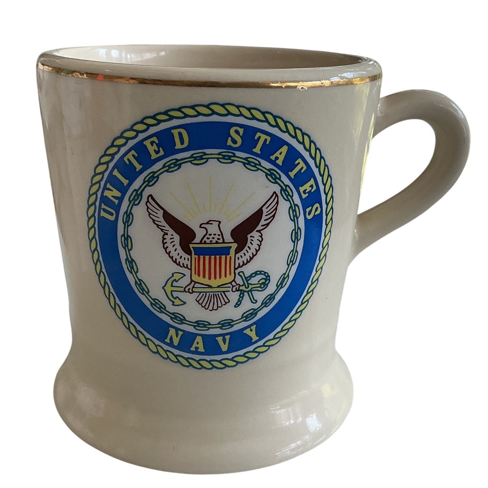 Vintage US Navy Seal Ceramic Coffee Mug Diner Style Gold Rim Cream